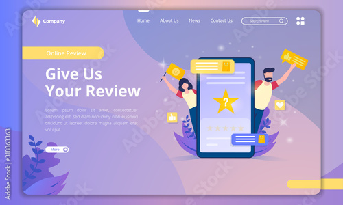 Flat design about giving us a review on landing page template