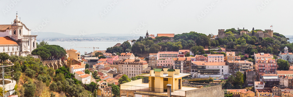 Lisbon skyline with the Sao Jorge Castle  seen from the Miradouro da Senhora do Monte