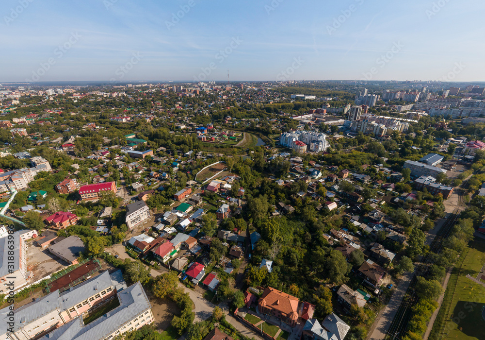 Tomsk city and Ushaika river. Aerial, summer, sunny