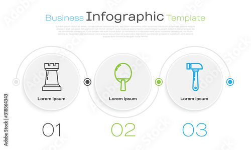 Set line Chess symbol, Racket for playing table tennis and Hammer. Business infographic template. Vector
