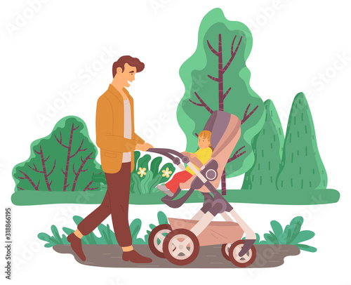 Father walking with son sitting in carriage outdoor. Smiling daddy going with little boy in pushchair near green trees in park. Happy parent spending time with infant in toddler near plants vector