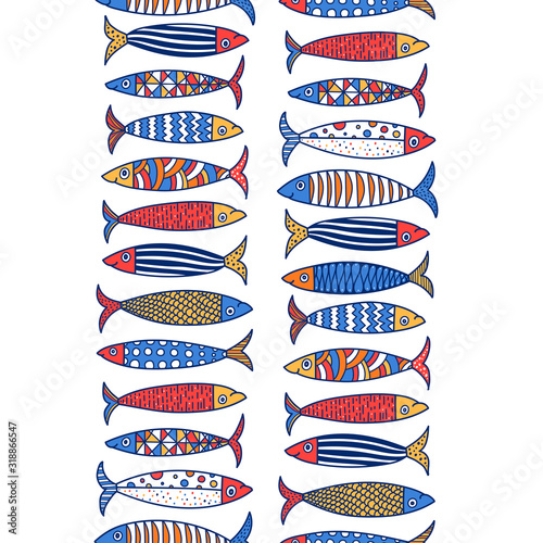 Vector seamless vertical border with fish. Cute sardines. photo