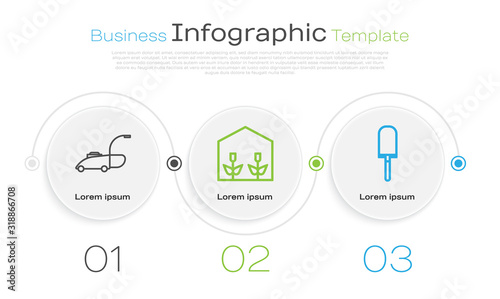 Set line Lawn mower, Home greenhouse and plants and Garden trowel spade or shovel. Business infographic template. Vector