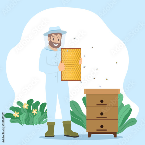Beekeeper, apiarist keeps bees to collect honey and other products that hive produce. Farmer unload honeycomb in wooden frame. Man work on apiary in uniform. Vector illustration of beekeeping in flat