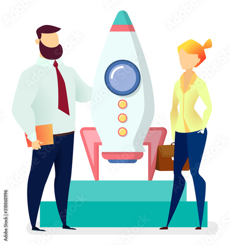 Man and woman colleagues standing near startup rocket symbol. Team cooperation best service. Female and male characters in suit near innovation spaceship technology. Group of people developers vector