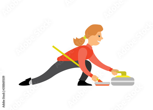 Curling famous English sport, woman with curling-broom pushing granite stone on ice, isolated cartoon character playing winter game. Vector female curler