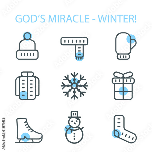 A set of linear winter icons. An illustration of the winter, warm clothes and accessory of the winter wear. Icons of a snowman, skates, a gift box, socks, a coat,a scarf, a hat, mittens, a snowflake. 