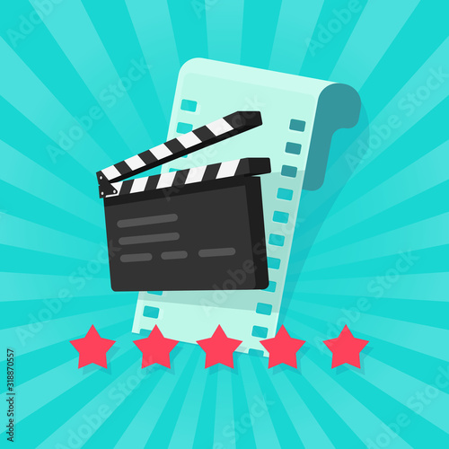 Film or movie cinematography rating or review vector illustration flat cartoon, rate stars with film strip and clapper board, concept of cinema quality image