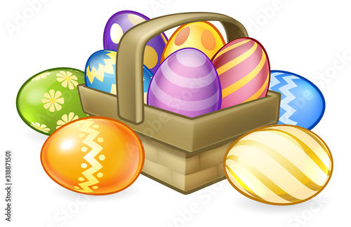 A basket or hamper full of painted Easter eggs