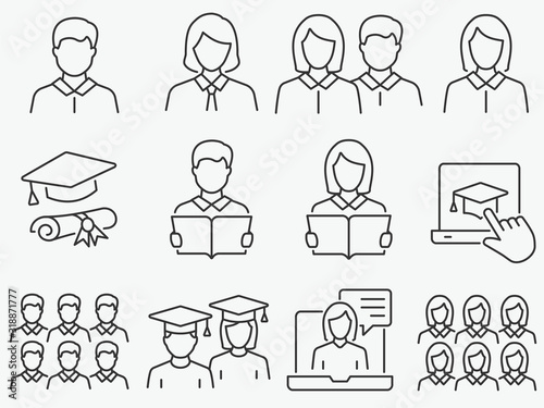 Students line icons set. Black vector illustration. Editable stroke.