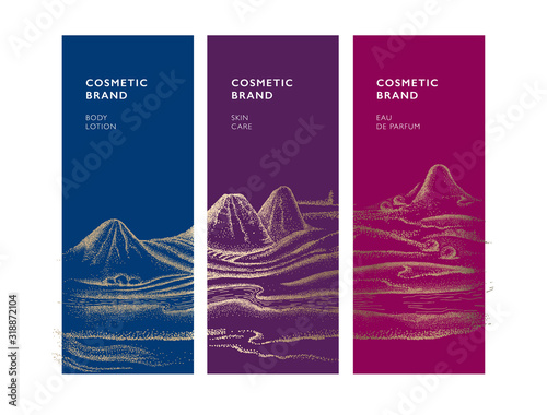 Japanese style art. Beautiful landscape. Nature on a background of mountains.Pointillism graphic illustration. Monocolor engravings.