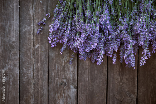 Lavender flowers on a wooden background. Floral border or frame with lavender. photo