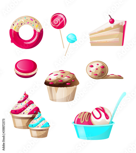 Confectionery and sweets candies set isolated on white background. Donut with sprinkles, lollipop, cake, macaroon, cupcake, biscuit cookies, ice cream balls with topping. Cartoon vector illustration