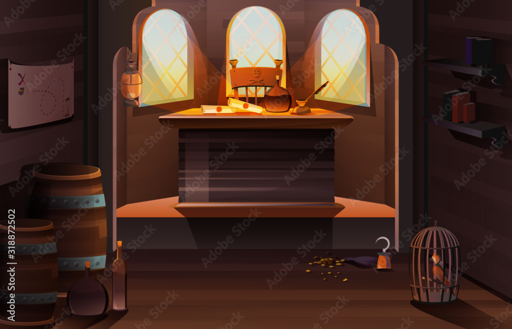 Pirate captain ship cabin wooden room interior with bottle, scrolls and ...