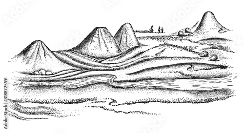 Japanese style art. Beautiful landscape. Nature on a background of mountains. Pointillism graphic illustration. Monocolor engravings.
