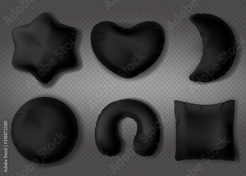 Black pillows different shapes set on transparent background. Blank round, heart, star, moon, round, square form orthopedic cushions for bedroom and travel. Realistic 3d vector illustration, clip art