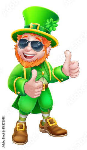 A Leprechaun St Patricks Day cartoon character mascot wearing cool sunglasses and giving a thumbs up