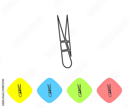 Grey line Eyebrow tweezers icon isolated on white background. Cosmetic tweezers for ingrown hair. Set icons in color rhombus buttons. Vector Illustration