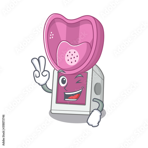 Smiley mascot of steam inhaler cartoon Character with two fingers photo