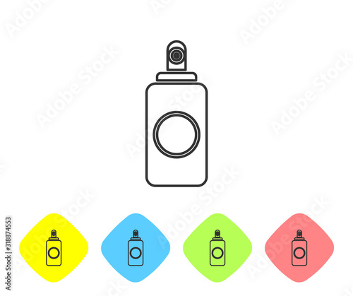 Grey line Spray can for air freshener, hairspray, deodorant, antiperspirant icon isolated on white background. Set icons in color rhombus buttons. Vector Illustration