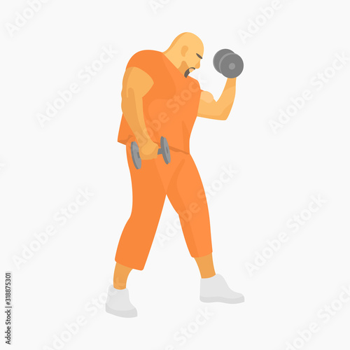 Bald muscular male prisoner lifting dumbbells. Prison gym workout. Jail activity. Big muscle thug. Weight lifting. Prison life. Tough guy in prison - Flat vector character illustration.