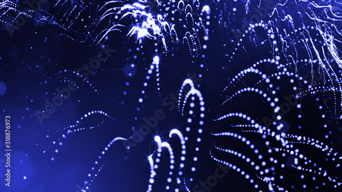 3d rendering of glow particles that fly in air as science fiction of microcosm or macro world or sci-fi. Abstract composition with depth of field and glow in dark with bokeh effects. Blue © Green Wind