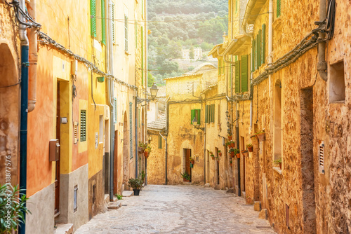 Street of Valldemossa old mediterranean village, landmark of Majorca, Spain island