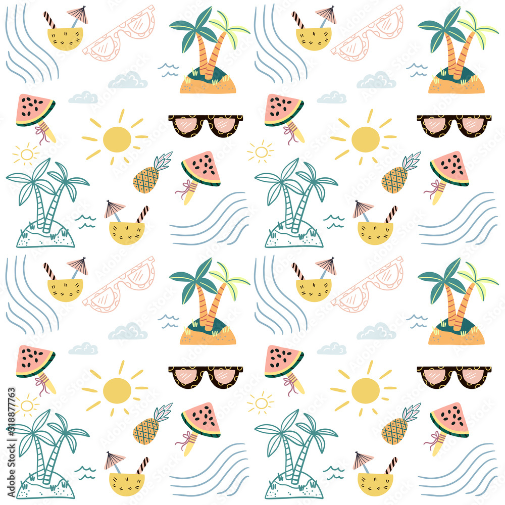 Childish texture for fabric, textile,apparel, print. Seamless cute pattern with hand drawn island,watermelon, sunglasses, pineapple, cockail, sun. . Cute summer vector objects background. Childish texture for fabric, textile,apparel, print. Seamless cute pattern with hand drawn island,watermelon, sunglasses, pineapple, cockail, sun. . Cute summer vector objects background.