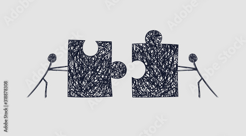 Fototapeta Naklejka Na Ścianę i Meble -  Schematic of two workers pushing puzzles towards each other