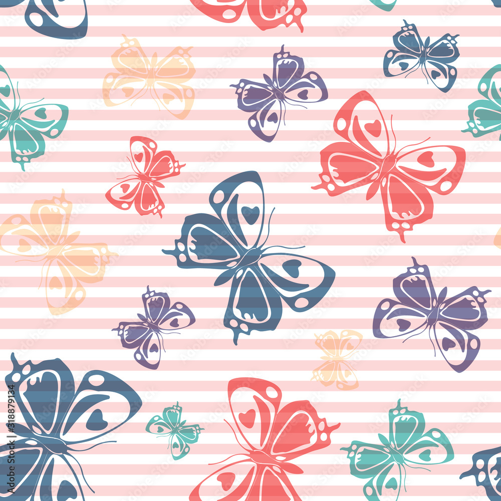 Fototapeta premium Flying butterfly silhouettes over striped background vector seamless pattern.