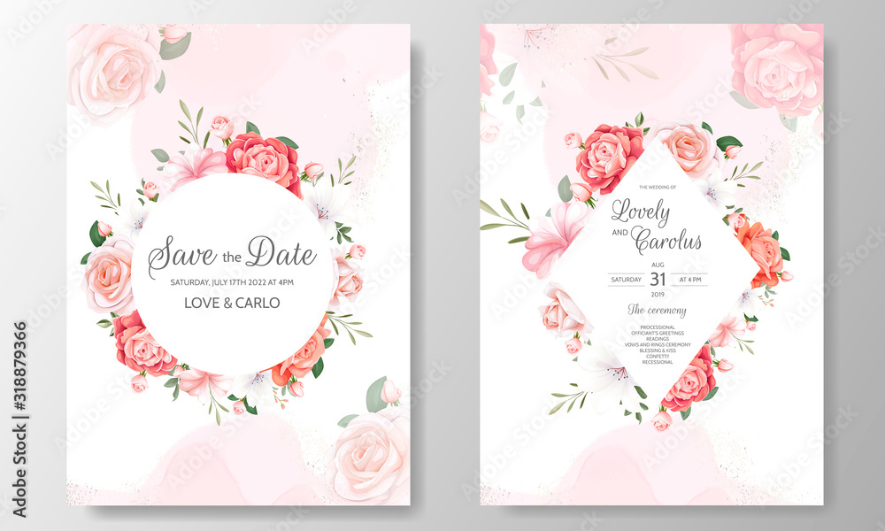 Floral wedding invitation card template set with beautiful flowers border 