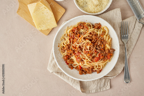 Pasta Bolognese with spaghetti, mincemeat and tomatoes, parmesan cheese. Italian cuisine