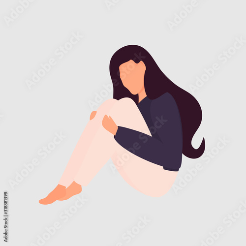A very cute sad woman is sitting with her arms clasped. Flat cartoon style. Vector. Depression, negativity, fatigue. Suitable for illustrating human concerns and experiences. Isolated on white