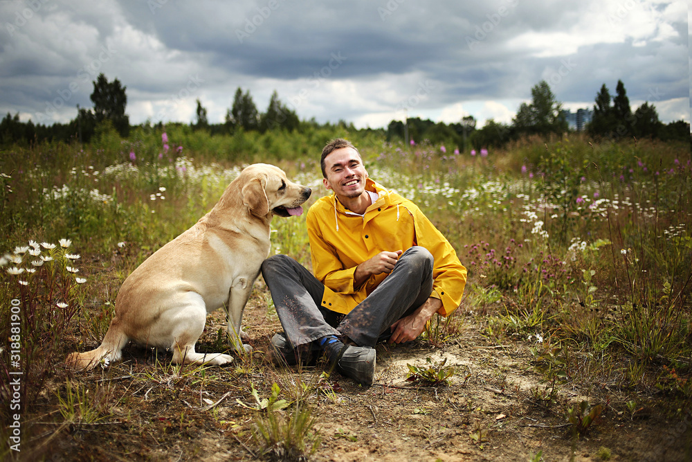 Fototapeta Content man with big dog laughing in field