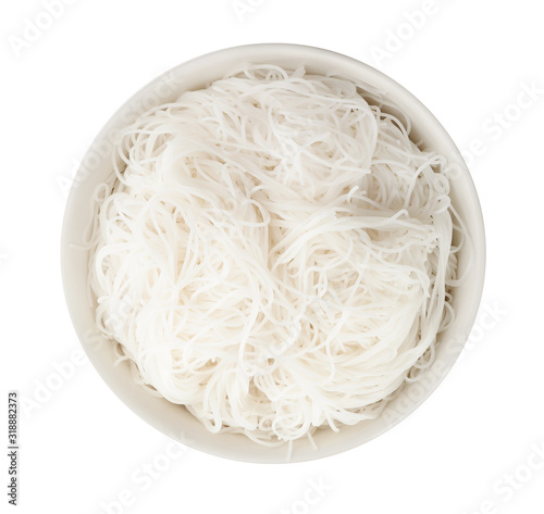 Bowl with rice noodles isolated on white, top view