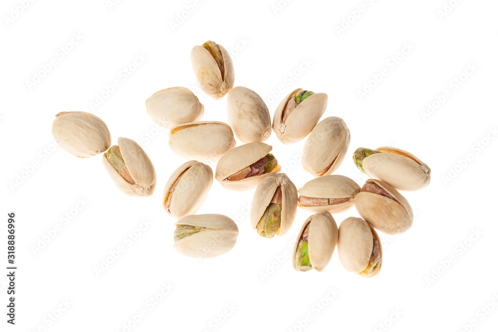 Fototapeta premium Salted pistachios nuts isolated on white background. Healthy snack.
