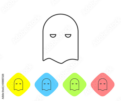 Grey line Executioner mask icon isolated on white background. Hangman, torturer, executor, tormentor, butcher, headsman icon. Set icons in color rhombus buttons. Vector Illustration