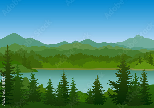Photographie Summer Mountain Landscape with Green Fir Trees, Lake and Blue Sky