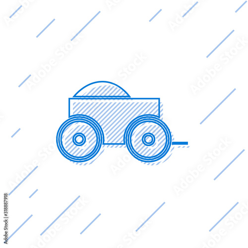 Blue line Wooden four-wheel cart with hay icon isolated on white background. Vector Illustration