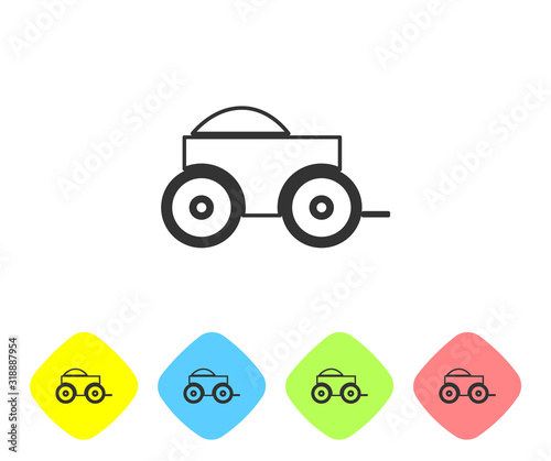 Grey line Wooden four-wheel cart with hay icon isolated on white background. Set icons in color rhombus buttons. Vector Illustration