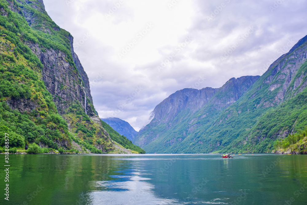 View of the Nereyfjord. Located is near Viking village Njardarheimr in Gudvangen. Norway.