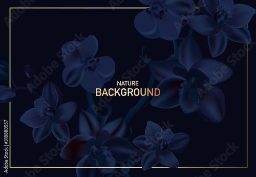 Navy orchid floral wedding invitation card template design, contrast dark  flowers on dark blue background, modern vintage style banner. realistic vector with gold letters