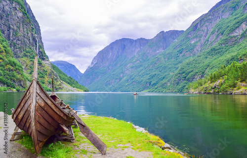 Viking boat on the coast of the Nereyfjord, Gudvangen, Norway.