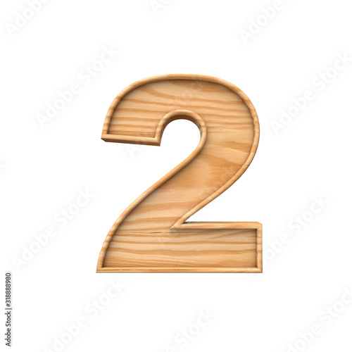 Wooden number 2 symbol. 3D Rendering