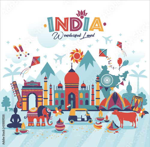 Travel illustration of India panorama vector background