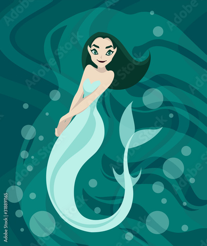 Fantasy graphic illustration of a cute and beautiful cartoon elegant mermaid