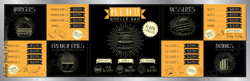 Burger bar menu template - price list/ ordering board/ banner (burgers, french fries, desserts, drinks) - 200 x 60 cm
