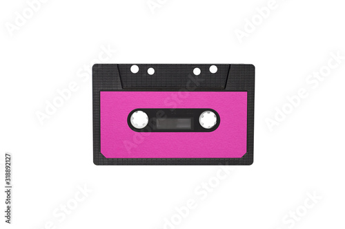 Vintage cassette for listening to music of the 90s. Retro cassette isolated on white background. Magnetic tape cassette for audio painted in pink color, copy space. Music for girls concept