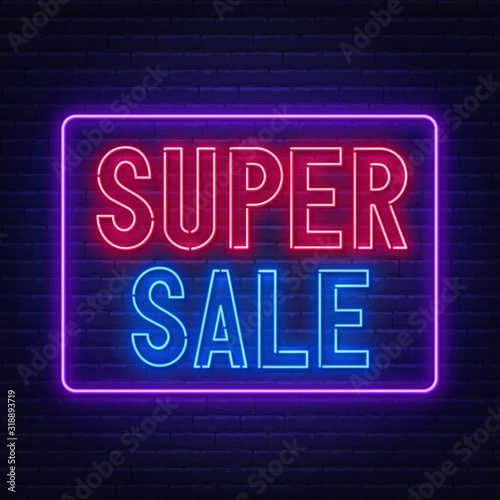 Super sale neon sign on dark background. Template for design.
