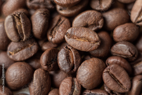 roasted coffee beans, top view macro, background, 